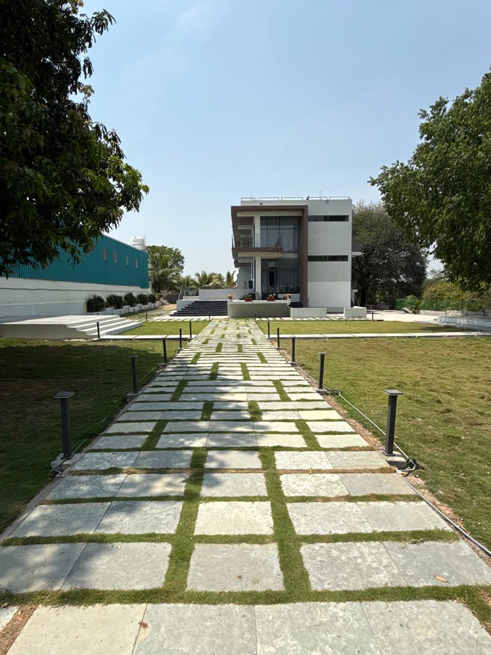Luxury farmhouse entrance and lawn view